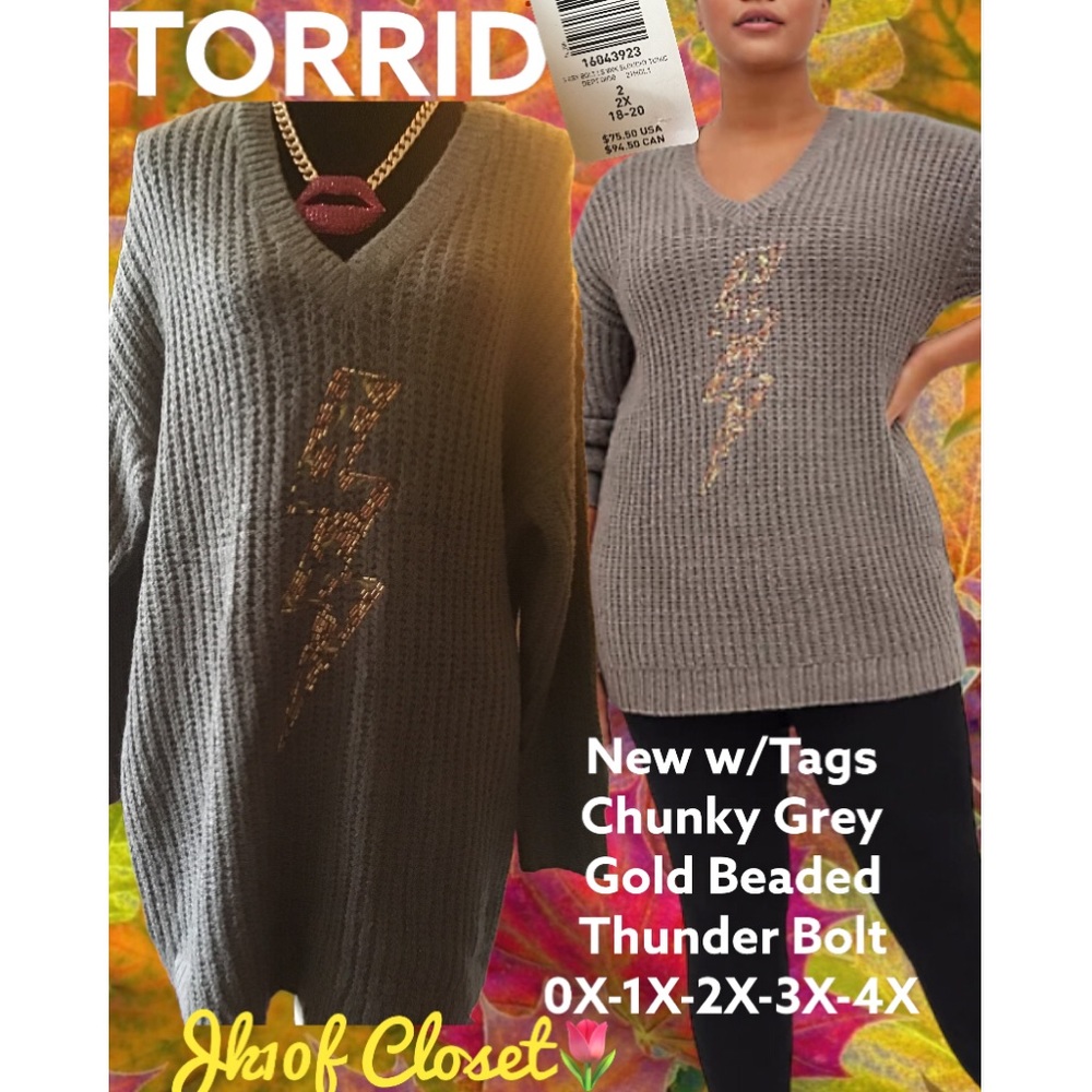 LOWEST🌺 NWT TORRID 3X-2X-1X-0X-00X GOLD BEADED THUNDERBOLT SWEATER
